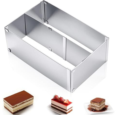 DHSWNNG 10cm Hohe Backrahmen Rechteckig Verstellbar, 28x 32cm bis 53x18cm Edelstahl Tortenring Eckig Tortenrahmen mit Teiler Zerlegbar Backring Eckig Verstellbare Kuchenform für Kuchen