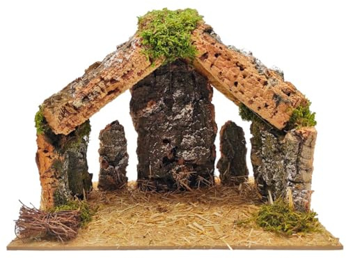 Acan Tradineur - Cueva/Portal de belén de Corcho, Pesebre con Techo Triangular y Musgo para Nacimiento, Figura de Navidad, Adorno, decoración Tradicional - 30 x 20 x 23 cm