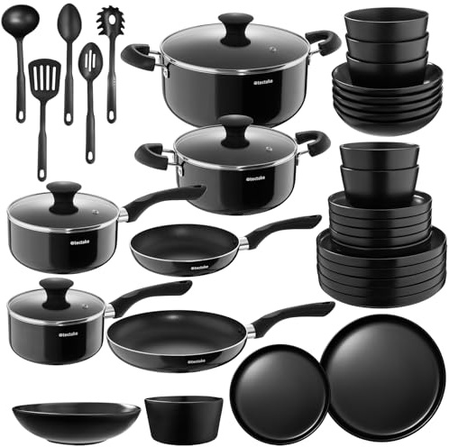 tectake®, Set cucina completo, 39 pezzi, set servizio piatti 6 persone, moderni, adatti al microonde, 6 ciotole, 18 piatti eleganti, 2 pentole, casseruole, padelle antiaderenti, coperchi - Nero