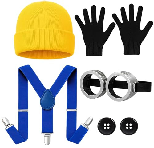 ZexJpr 7 Stück Gelbe Kleidung, karneval kostüm, Kostüm Erwachsene, Brille, Mütze, Handschuhe, Knöpfe, Hosenträger, Gelbe Kleidung Cosplay Kostüm für Karneval, Rollenspiel, Mottopartys