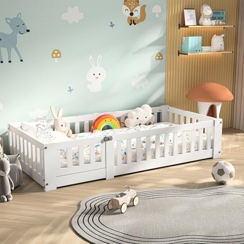 Kinderbett 80x160 cm,Montessori Bett,Bodenbett aus Holz,Sicheres Kleinkindbett,Kinder Bett Bodenbett Mit Rausfallschutz,Gitterbett Kinder FüR Jungen und MäDchen Geeignet,Kiefernholz (Weiß-1, 80x160cm)