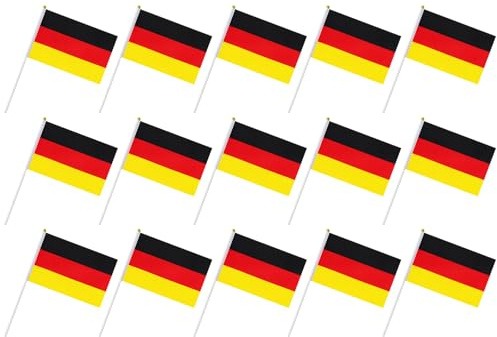 ZEBKEL 15 Piezas Mundial Flámula Alemania 14x21cm Poliéster Negro Rojo Amarillo con Palo Empuñadura Estable Ligero Reutilizable Colores Vivos para Mundial Europeo Fiesta Estadio Eventos Fan Exterior