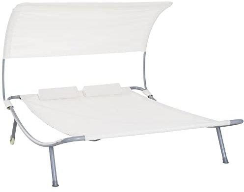 Outsunny Bain de Soleil 2 Places lit de Jardin Design Contemporain Toit réglable 2 roulettes 2 oreillers Acier époxy Polyester crème