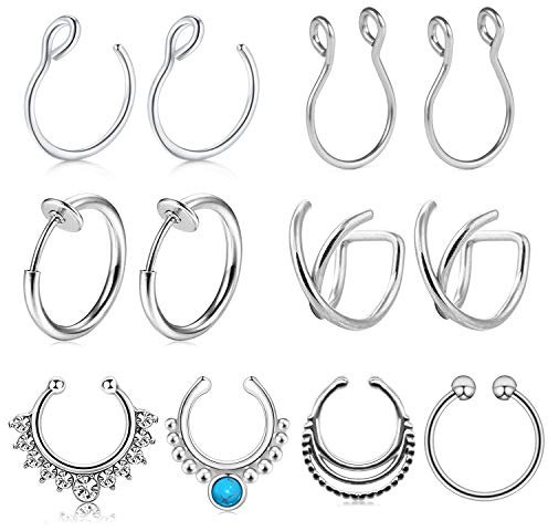 AceFun Ensemble de Faux Anneau de Nez Cerceau de Nez Lèvre Oreille en Acier Inoxydable Piercing Anneau Septum Clip Non Percé sur Bijoux de Corps Cuff Cartilage, 12 Pièces Totalement, 8 Styles