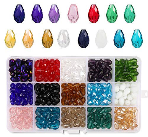 PHOGARY 300pcs Facettierte Glasperlen, Kristall Glas Perlen, 8 * 12mm Wassertropfenform für die Schmuckherstellung (15 Farben)