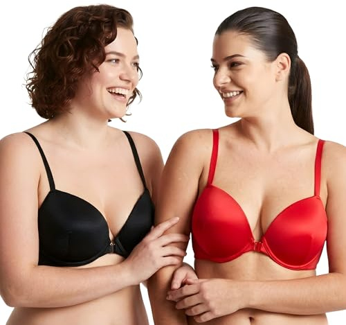 Curve Muse Women Push Up Add 1 and a Half Cup Underwire Halter Front Close Bras -2PK-Black,Red-46B (EU:105B)