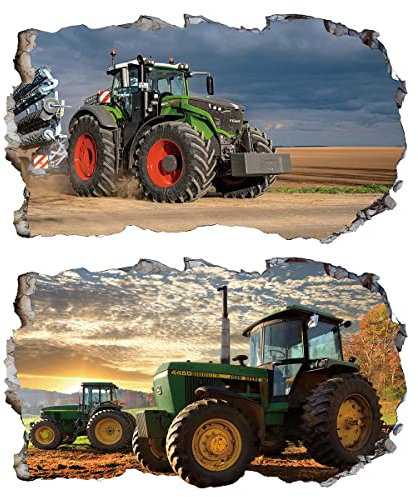2Pcs Wandtattoo Traktor Trecker 3D Effekt XXL Farm Feld Landwirtschaft Wandaufkleber Fenster Selbstklebend für Junge Kinderzimmer Groß 1000mmx600mm