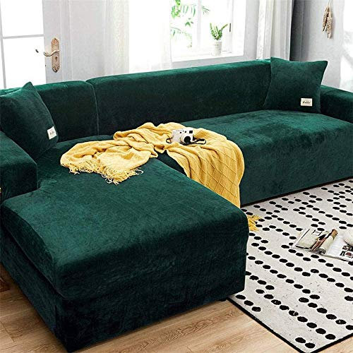 LINGKY Sofabezug Ecksofa L Form Stretch Samt Sofa Überzug Universal Couchbezug Für 1/2/3/4 Sitzer Waschbar Sofa Überwürfe (L Form Ecksofa Erfordert Zwei) - Sofabezug 1 Sitzer, Dunkelgrün