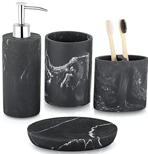 ZCCZ Badezimmer Set – 4-teiliges Organizer-Set mit Zahnbürstenhalter, Seifenspender, runder Seifenschale und Zahnputzbecher – Elegante Kosmetikaufbewahrung und Dekoration in schwarzer Marmor-Optik