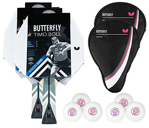 Butterfly 2 x Timo Boll Vision 2000 Tischtennisschläger + 2 x Tischtennishülle Drive Case + 2 x 3*** ITTF R40+ Tischtennisbälle | Tischtennisschlägerset | Tischtennis Profi Set