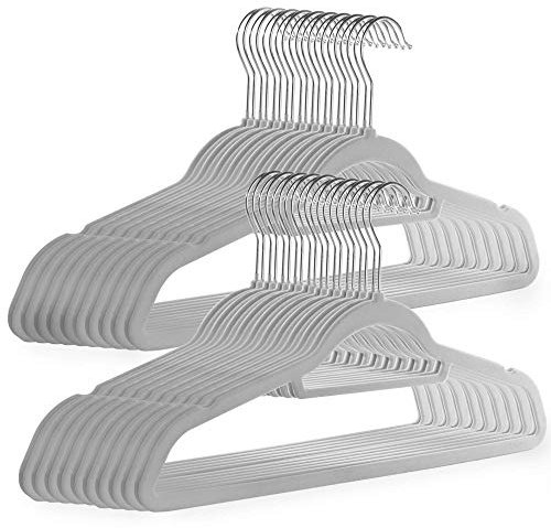Velvet Hangers 50 Pack - Non-Slip Clothes Hangers with Tie Bar & 360° Hook - Durable & Sturdy, Space-Saving Wardrobe Organisers for Suits, Jackets & Clothes (Grey) | M&W