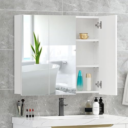 LEMROE Spiegelschrank für Badezimmer, Wandschrank, 2 oder 3 Türen mit Spiegel, Aufbewahrungsschrank für Badezimmer, verstellbare Einlegeböden, weiß (3 Mirror Door)