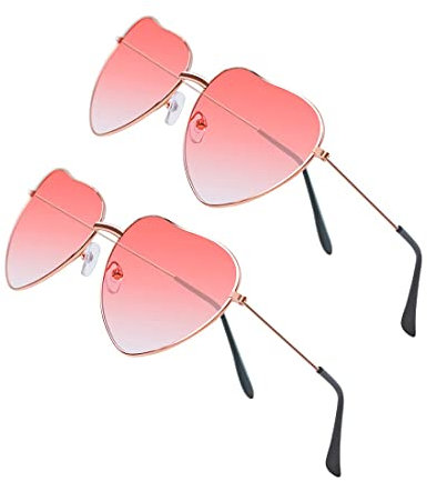 2 Stück Rosa Sonnenbrille Herz Damen Hippie Brille, Rosa Sonnenbrille für Teen Mädchen, Herzförmige Sonnenbrille, Vintage 90er Sonnenbrille für Damen, Partys, Roségoldener Rahmen Funky Sonnenbrille