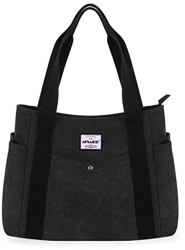 HAWEE Canvas Damen Handtasche Shopper Tote Bag Große Schultertasche mit Reißverschluss Umhängetasche RetroTragetasche Leichte Henkeltasche für Reisen Arbeit Schule Einkaufen Strand Alltag, Schwarz