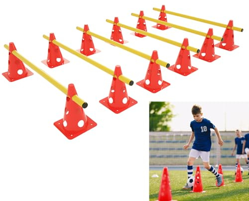 YUENFONG Set de Vallas, Conos Vallas Deporte 3 Agujeros Altura Ajustable Agilidad Vallas de formación Conjunto, para los niños Atletas Mascota(12 Conos Rojos 6 Barras Amarillas)