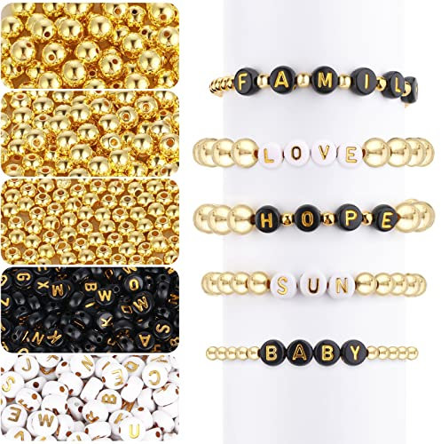 1100 Stück Perlen zum Auffädeln und A-Z Buchstaben Perlen Acrylperlen Set, 4/6/8 mm Gold Runde Perlen Bastelperlen Buchstabenperlen mit Loch Schmuckperlen für Armbänder Choker Schmuck DIY Handwerk