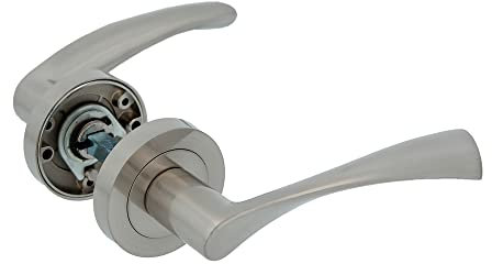 Amig - Juego de Manillas con Roseta de Zamak para Puertas, Mod. ISHI RX, 52 mm, Cuadradillo de 8 mm, Diseño Elegante y Sencillo, Aluminio Níquel Cepillado
