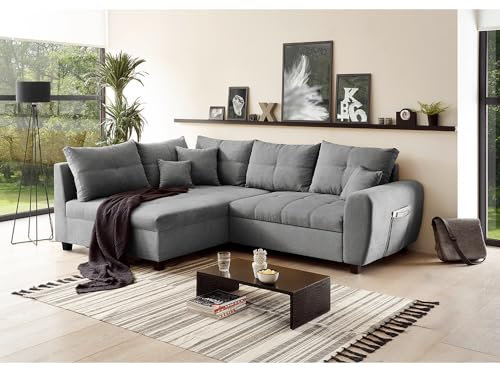 Lomadox Ecksofa mit Schlaffunktion und 8 Kissen in dunkelgrau | L-Form mit Recamiere Links