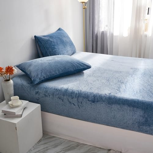 Luofanfei Winter Fleece Spannbettlaken 90x200 Warm Boxspringbett Blau Blaue Uni Muster Bettlaken Samt Kuschel Frottee Spannbetttuch Flanell Spannbetttücher Set für Hohe Matratze Steghöhe 25-30cm