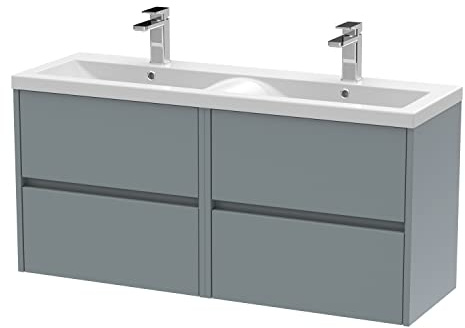 Hudson Reed HAV2304F Havana Wall Hung 4 Drawer Vanity Unit & Double Ceramic Basin, 1200mm, Matt Coastal Grey