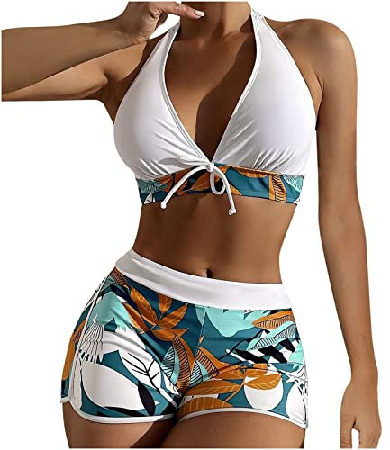 AMhomely High Waisted Bikini Set for Women Two Piece Bathing Suit Clearance Women Sexy Tropical Print Strappy Swimwear Set Two Piece Bikinis Swimsuits Modest Tankini Beachwear Sale, 01 Blue