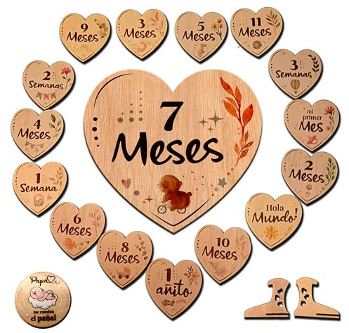 Set de regalo para recién nacido y cumple mes bebé. Tarjetas placas fichas de madera forma de corazón grabado doble cara. Regalo original mamá embarazada padres primerizos bebé niño y niña