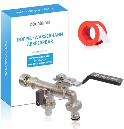 Bächlein Universal Doppel Auslaufhahn für den Garten [anthrazit] zum Abschließen inkl. 2 Schlauchanschlüssen - edler abschließbarer Doppelwasserhahn mit 1/2 Zoll Anschluss und 3/4 Zoll Adapter