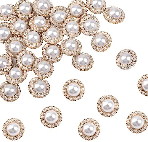 URROMA 30 Stück Faux Perle Knöpfe, Gold Retro Vintage Acryl Runde Kristall Knöpfe Zum Nähen, Embellishments für DIY Crafts, 15 mm
