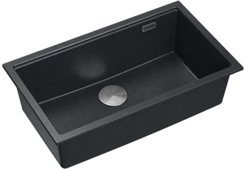 QUADRON fregadero de una cuba fregadero de granito cocina | tamaño 70 x 37 x 23,5 cm color: negro y acero | Fregadero LOGAN 110 | fregadero bajo mueble a partir de 80 cm