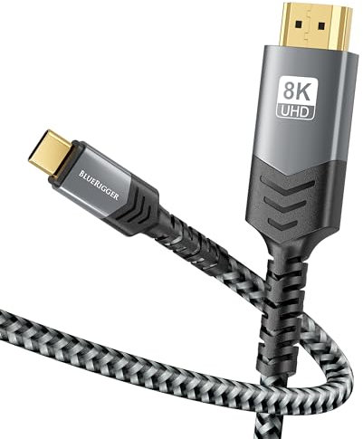 BlueRigger Câble USB C vers HDMI 8K (1,8 m, 8K 60 Hz, unidirectionnel, 48 Gbit/s, USB Type C 3.1, HDMI 2.1 Premium tressé, USBC vers HDMI) – Thunderbolt 3/4 compatible avec téléphone, ordinateur