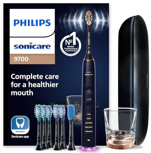 Philips Sonicare DiamondClean Smart 9700 Electric Toothbrush - Sonic Toothbrush with App, Pressure Sensor, 15 Brushing Settings, Replacement Reminder, Charging Travel Case, Lunar Blue, HX9957/71