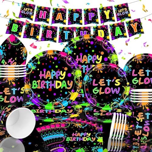 Neon Party Decorations Glow Neon Accessories, Plates Tableware Napkins for Blacklight Neon Party Decorations, Serves 20 Guests