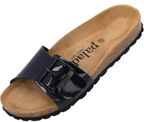 Palado Pantoletten Damen Malta EGS Lack – bequeme Sandalen Made in Spain - Hausschuhe mit dämpfendem Kork-Fußbett - modische Sommerschuhe Dunkelblau UK5,5 - EU38