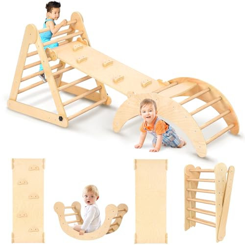 YOLEO Triangle d'escalade, Plegable 3 Piezas Montessori Climbing Frame con Rampa y Arco Balancín, Robusto y Divertido Parque Infantil y Gimnasio para Niños Pequeños 1-6 años