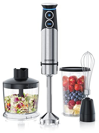 Arendo - Mixeur plongeant inox 1500 W - Couteau à quatre lames - Presse-purée - Variateur multi vitesses et Bouton turbo - Verre doseur 800 ml - Fouet - Hachoir 500 ml - Pied de mixeur amovible