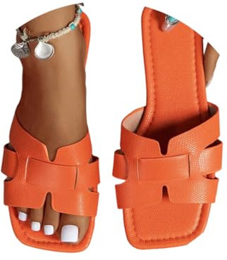 ORANDESIGNE Sandali Piatti da Donna Aperti a Punta Quadrata Sandali Pantofole Sandali Estivi Cinturino Intrecciato Piatto Slip On Slides Casual Pantofole A Arancia 36 EU
