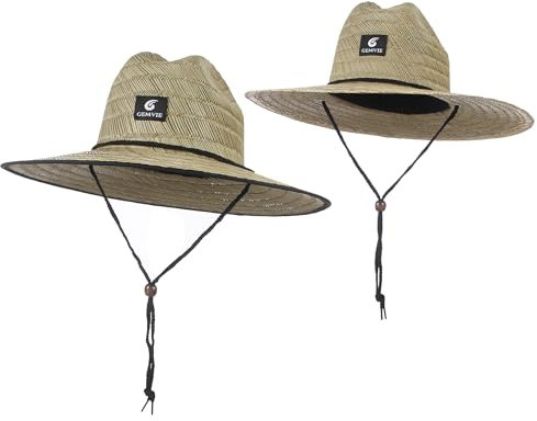 GEMVIE 2Pcs Unisex Straw Sun Hats Windproof Wide Brim Straw Lifeguard Hat Summer Outdoor Straw Fishing Hiking Hat UPF 50+