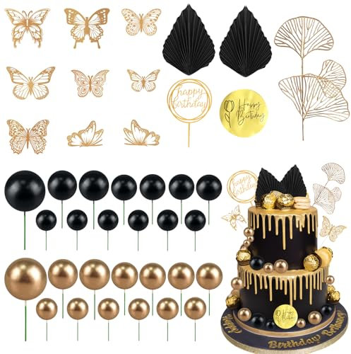 40Pcs Gold and Black Cake Topper Cake Decorations Cupcake Balls Balloons Butterfly Happy Birthday Topper Black and Gold Birthday Party Decorations for Men Women Wedding Anniversary Supplies