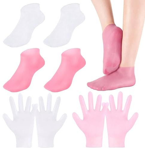 Moisturizing Gloves, 4 Pairs Silicone Moisturizing Gloves & Socks Set Spa Socks and Gloves Hands Feet Skin Care High Elasticity Reusable Gloves and Socks for Foot Hand Softening, Dry Cracked