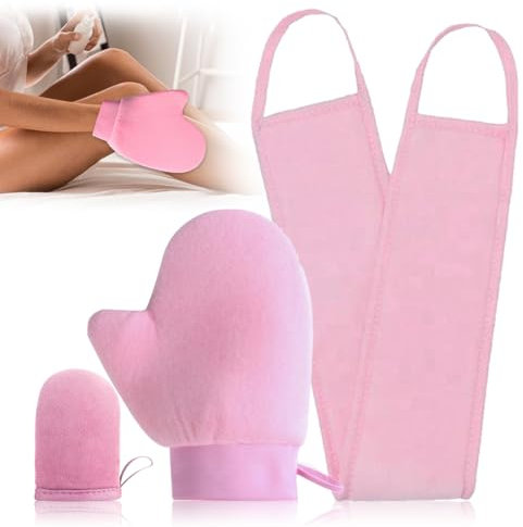QOWUXHZ 2 Stück Selbstbräuner Handschuh Set mit 1 Lotion-Applikator für Rücken in Pinkfarbe