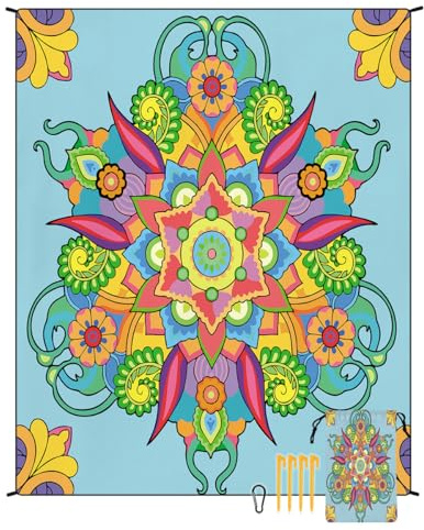FANSU Wasserdicht Strandmatte, 180x220cm Picknickdecke 3D-Druck Picknickdecke, Stranddecke Sandfrei, Waschbare Stranddecke für Strand, Picknick, Camping (Blau-Gelbes Mandala,180x220cm)