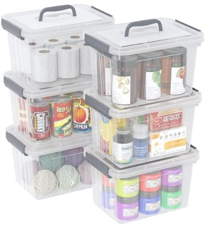 Udotry 6 Packs 6 L Plastic Storage Boxes with Lid and Handle, Clear Latching Storage Box