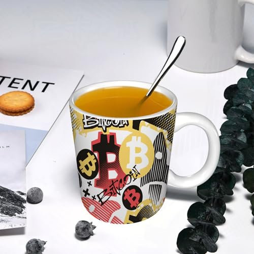 YOIUE Tasse aus Keramik - Große 11oz Tassen 330ml Kaffeetassen mit Henkel, 100% Handbemalt - Trinkgläser mit Griff - Weiß,Bitcoin-Doodle-Stil, funky Muster, digitales Währungssymbol. Hype, trendige C