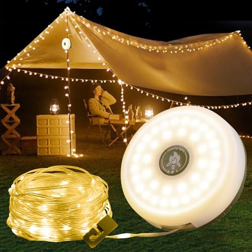 ALEENFOON Catena Luminosa da Campeggio Avvolgibile 10 m, 8 Modalità Ricaricabile Luci da Esterno Giardino da Campeggio, Luci a Corda Calde Portatili per Campeggio, Festa, Cortile, Giardino, Esterno