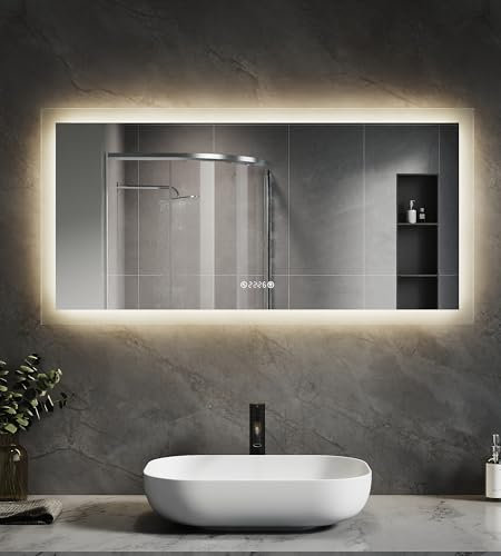 SVNR Badezimmerspiegel Mit Beleuchtung LED-120 x 60 cm Hintergrundbeleuchtung und 4mm Kupferfreiem, Wandmontierter Multifunktionaler Badezimmerspiegel, Aluminiumrahmen, 3000-6400K, LED-Smart-Spiegel