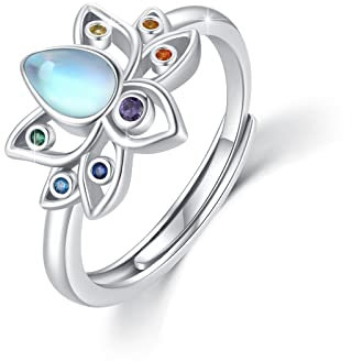 Lotus Ring 925 Sterling Silber Verstellbarer Mondstein Ring Lotus Blume Chakra Yoga Spiritueller Schmuck Geschenk für Frauen Mädchen #9