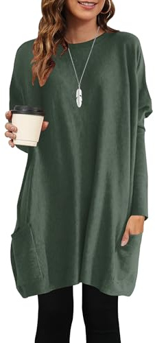 AUSELILY Långtröja för damer, långärmad tröja, lång och överdimensionerad med rund hals, sweatshirt, tunika, damtröja, lång blus, klänning med fickor