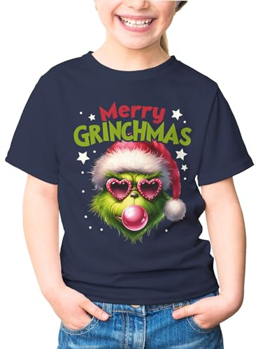 MoonWorks® Kinder T-Shirt Weihnachten Mery Grinchmas Weihnachtsshirt Mädchen Weihnachtsoutfit Navy 122-128 (7-8 Jahre)