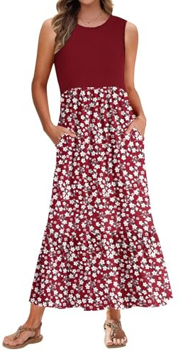 PLMOKEN Robe d'été pour femme - Robe de plage longue - Robe décontractée sans manches légère et aérée - Col rond - Robe débardeur fleurie, Fleurs rouges, XL