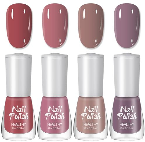 Quick Dry Pink Series 4PCS Varnish in Purple, Brown, Red Long Lasting No Bake Gift Set for Women Nail Art